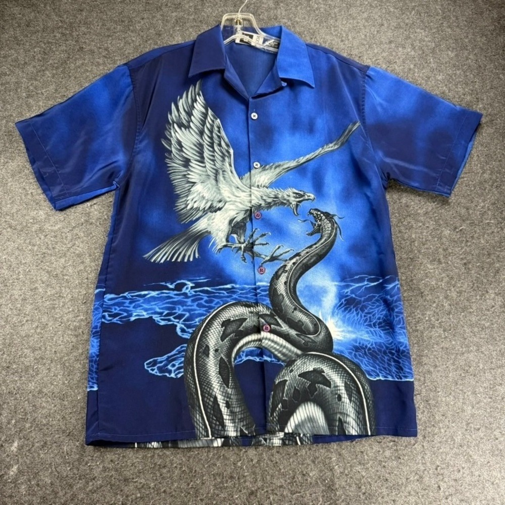 Kids Moon 18-20 Blue Polyester Short Sleeve Button Up Shirt Eagle‎ Snake Graphic
